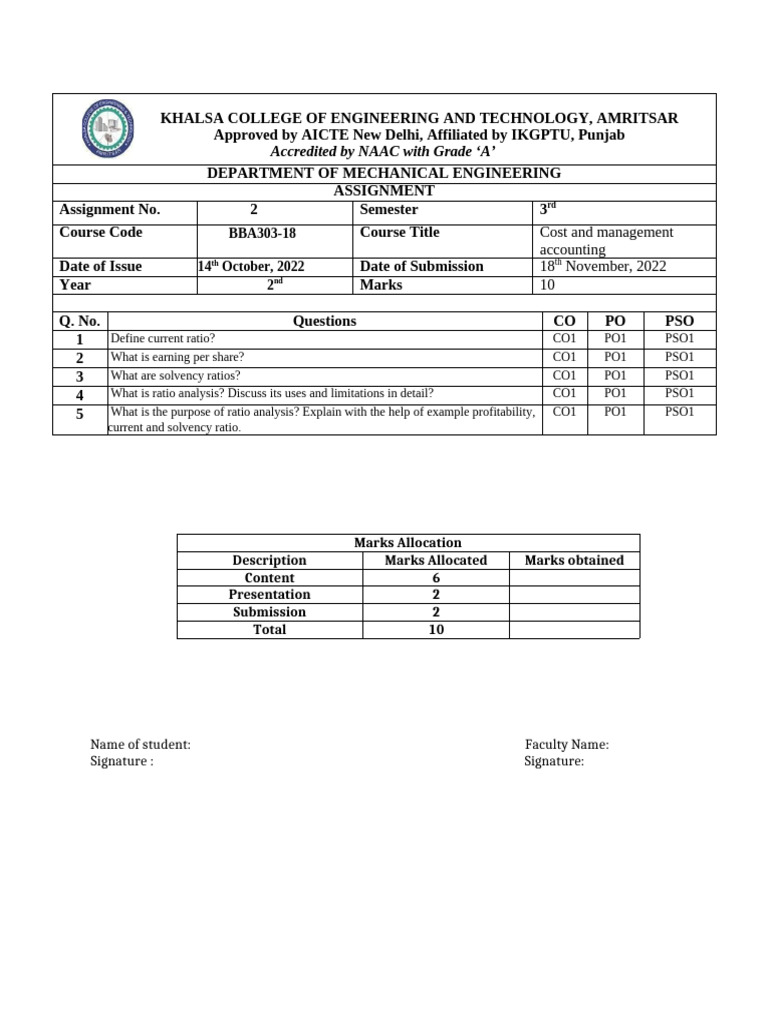 Mechanical Engineering Assignment on Ratios | PDF