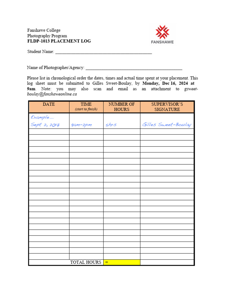 Fanshawe Photography Placement Log | PDF
