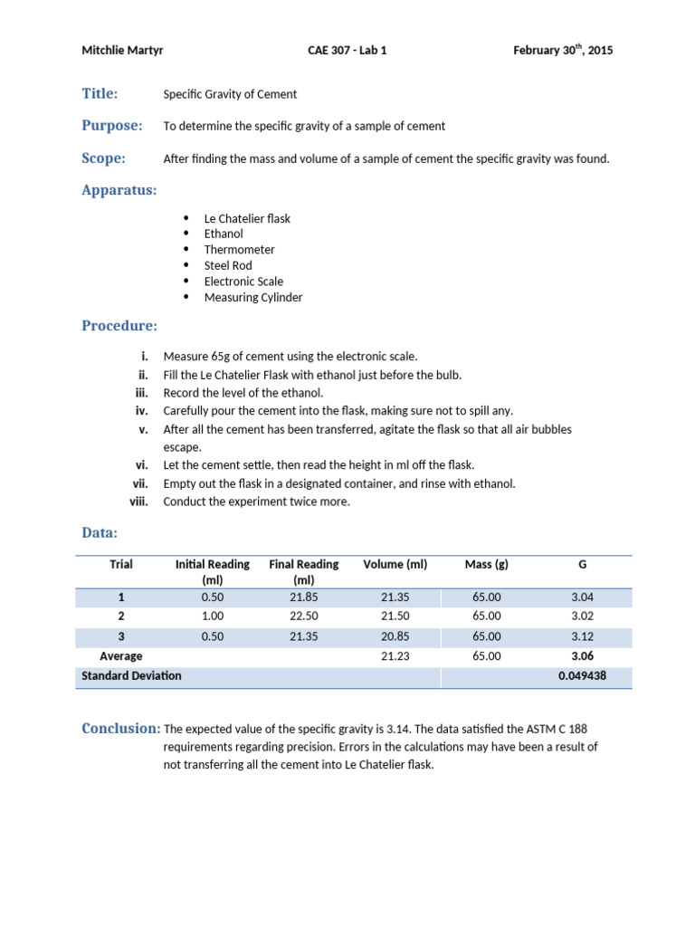 Lab 1 - Specific Gravity of Cement | PDF
