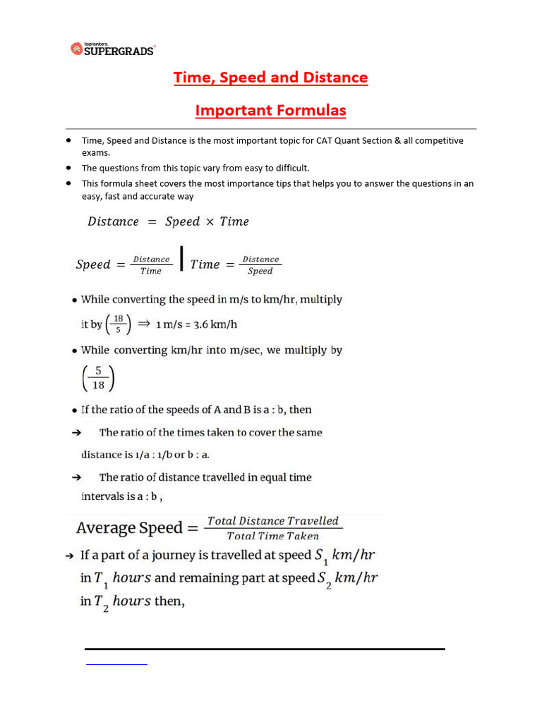 Time, Speed, and Distance Formulas for CAT | PDF