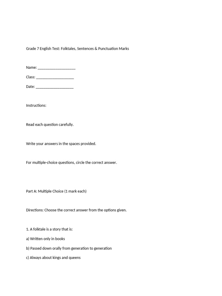 Grade 7 English Test: Folktales & Grammar | PDF | Sentence (Linguistics ...