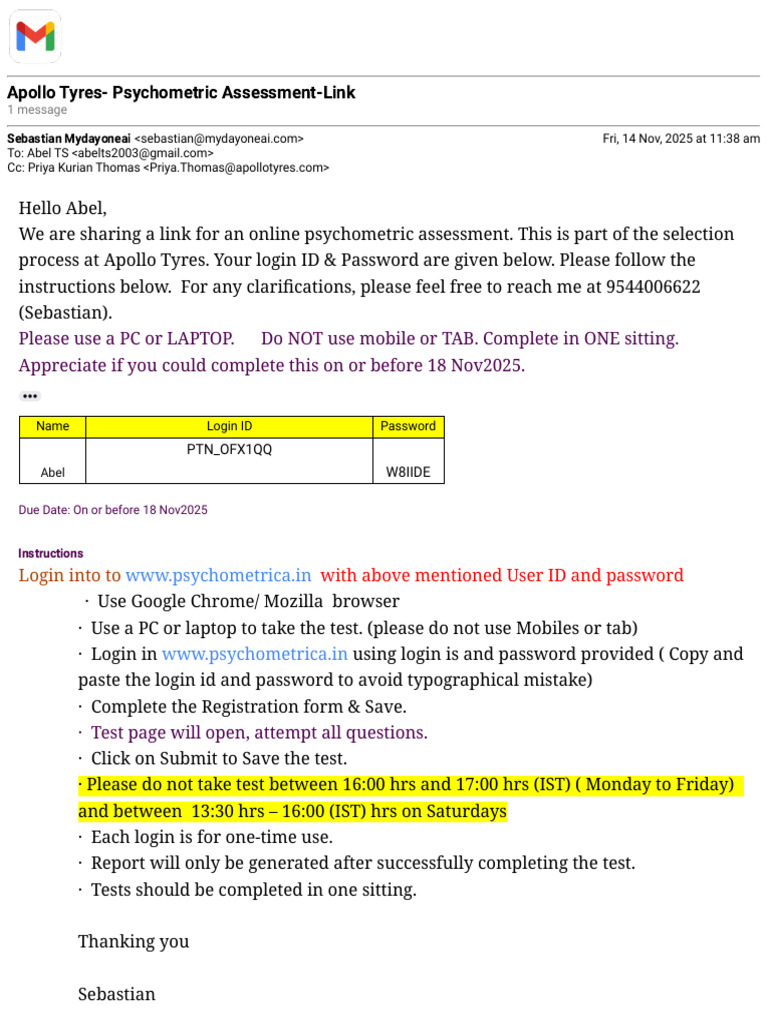 Apollo Tyres Psychometric Test Link | PDF