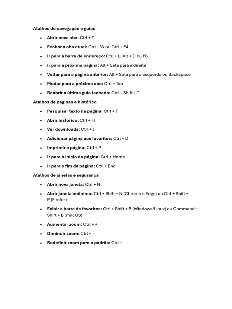 Atalhos de Navegação e Funcionalidades | PDF