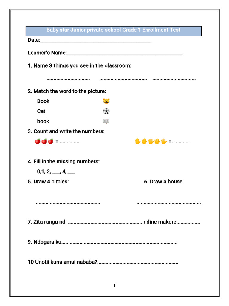 Grade 1 Enrollment Test for Baby Star | PDF