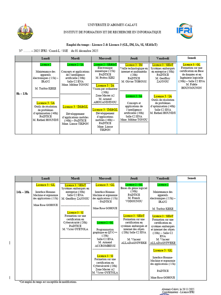 Emploi du temps Licence 2 & 3 2025 | PDF | Intelligence artificielle ...
