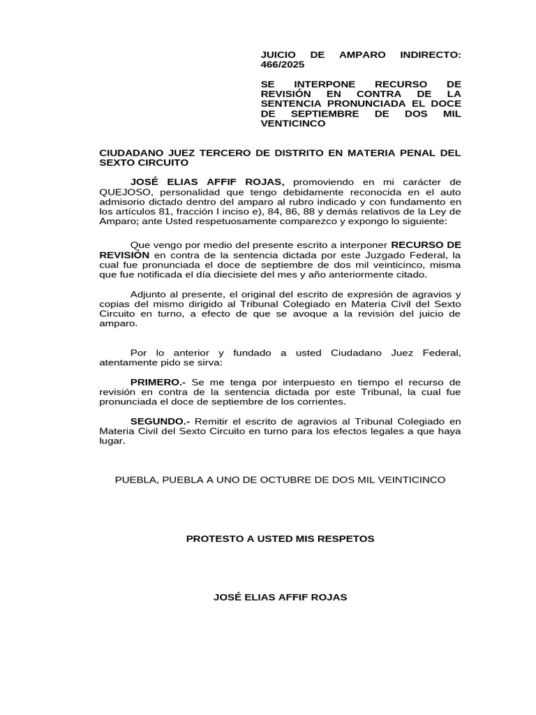 Recurso de Revisión en Amparo 466/2025 | PDF | Sentencia (ley ...