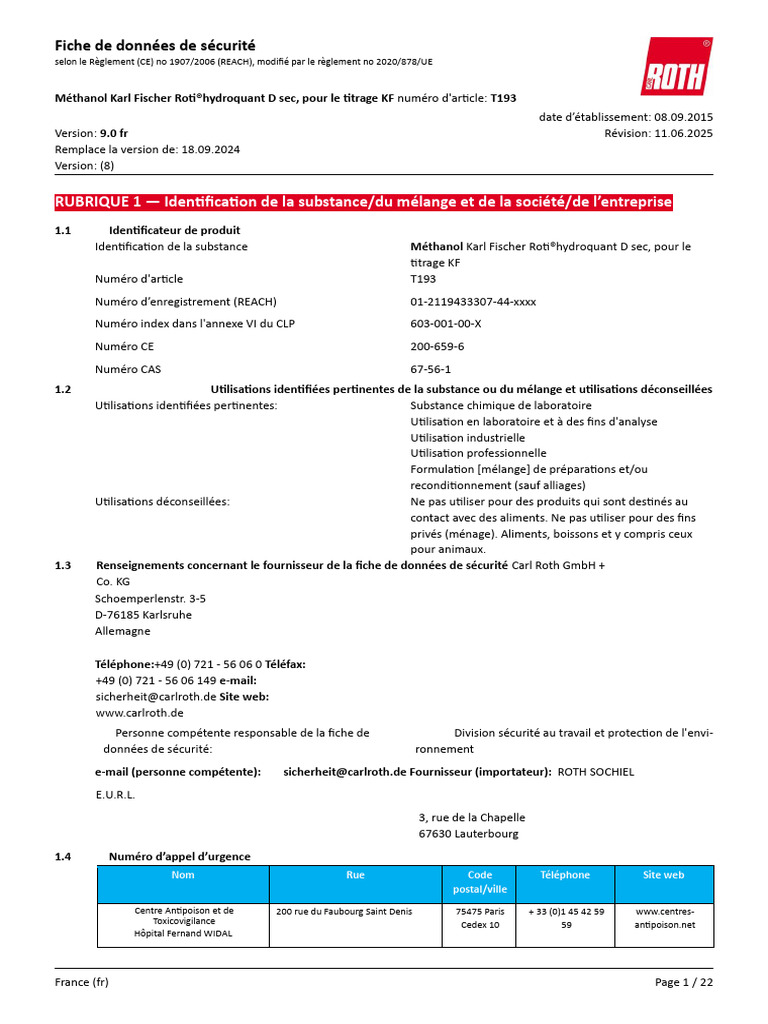 Fiche de sécurité Méthanol T193 REACH | PDF | Déchets | Substances ...
