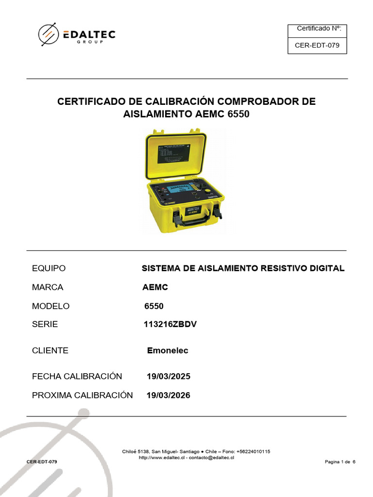 CER-EDT-079 Certificado de Calibracion AEMC 6550 113216ZBDV | PDF ...