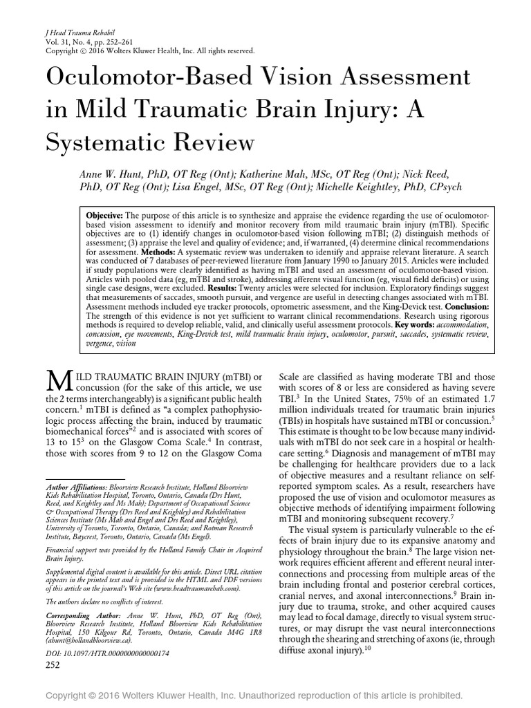 Oculomotor-Based Vision Assessment in Mild Traumatic Brain Injury: A ...