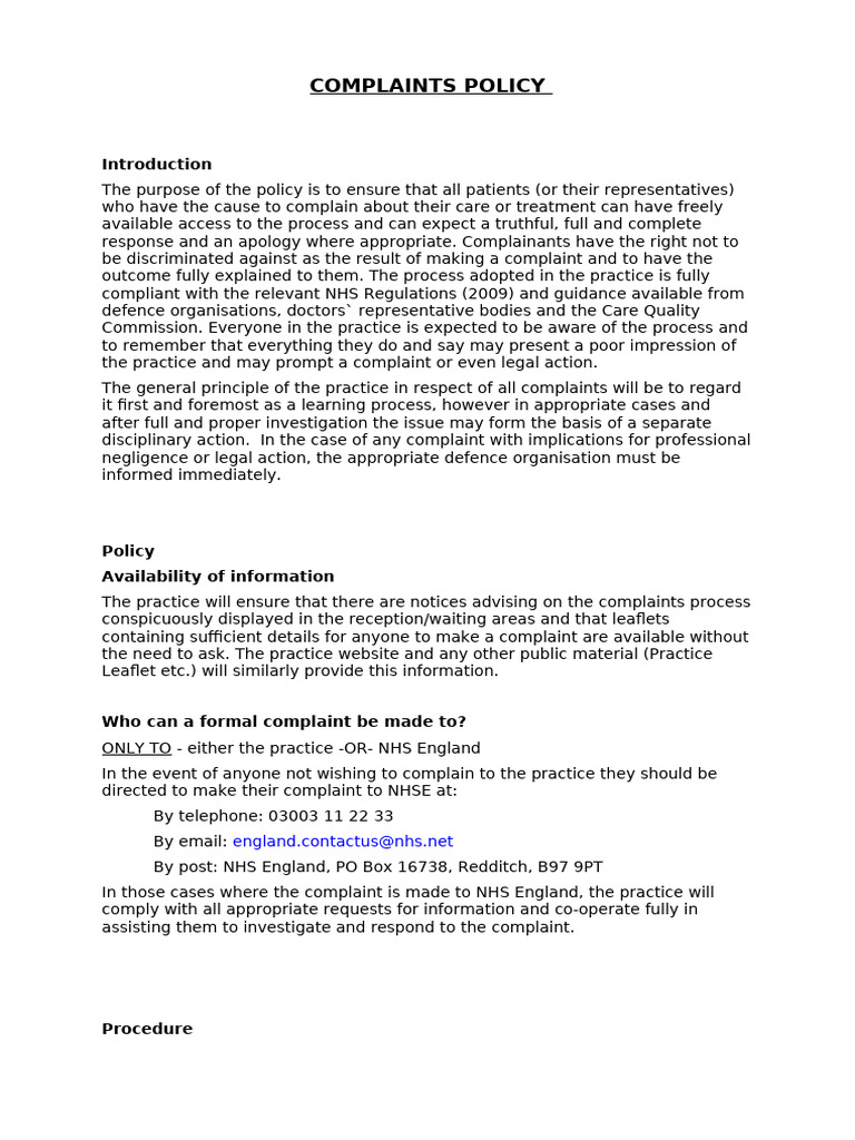 Complaints Policy | PDF | Informed Consent | Confidentiality