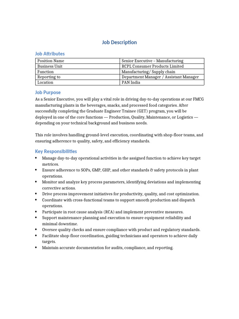 Senior Executive Job in FMCG Manufacturing | PDF | Safety | Reliability ...