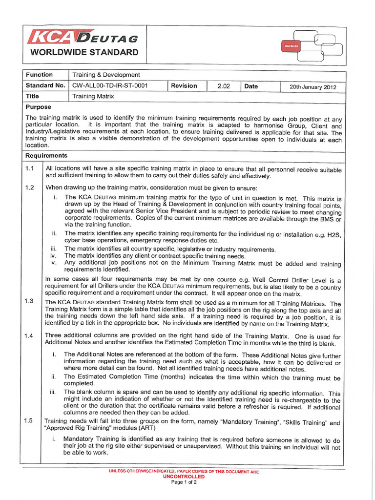 K CW TD ST 001 T&D STD Training Matrix | PDF