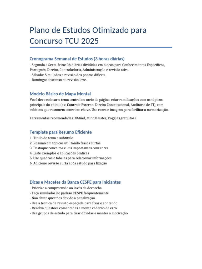 Plano de Estudos para Concurso TCU 2025 | PDF