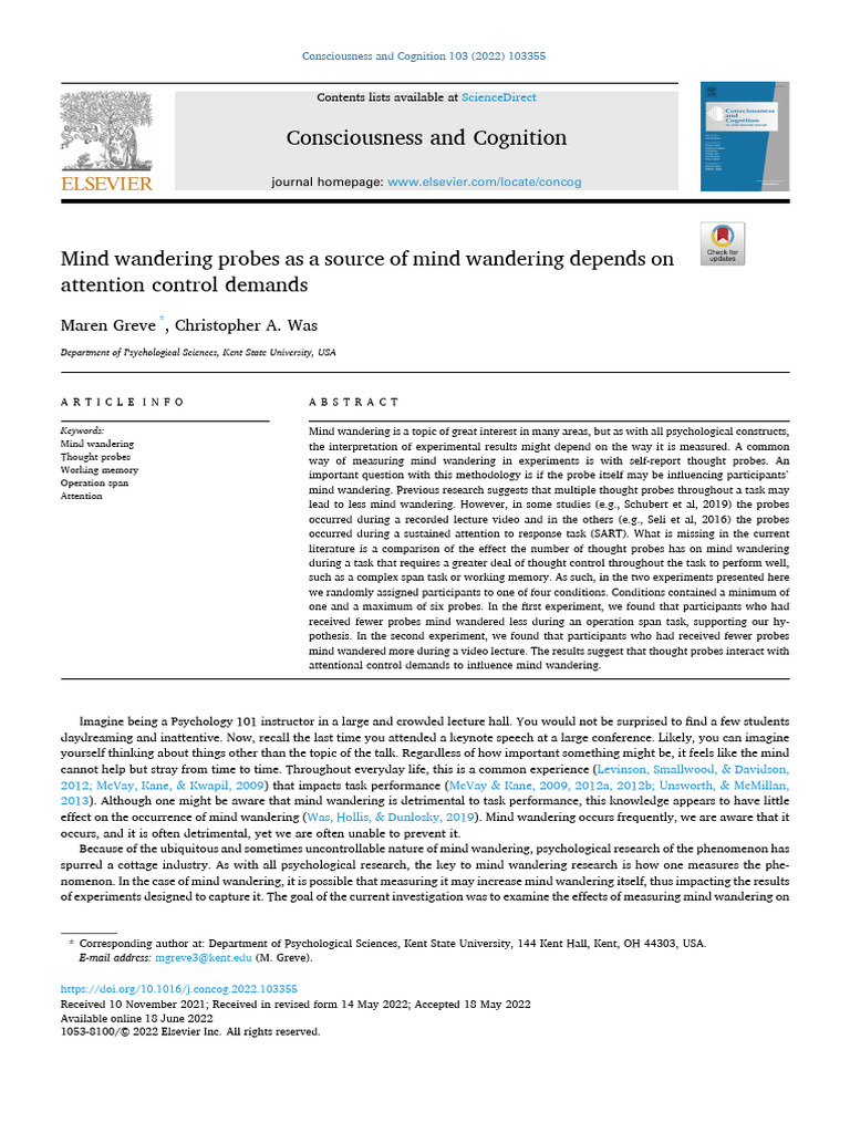 Mind Wandering and Thought Probes Effects | PDF | Mind Wandering ...