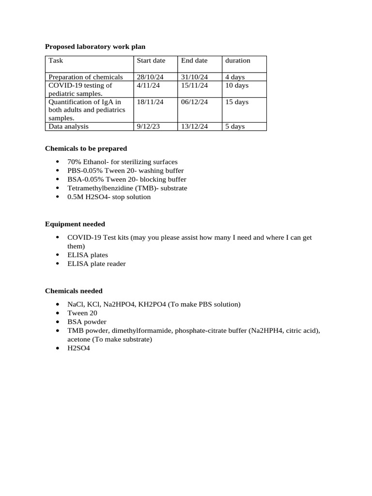 Proposed Laboratory Work Plan | PDF