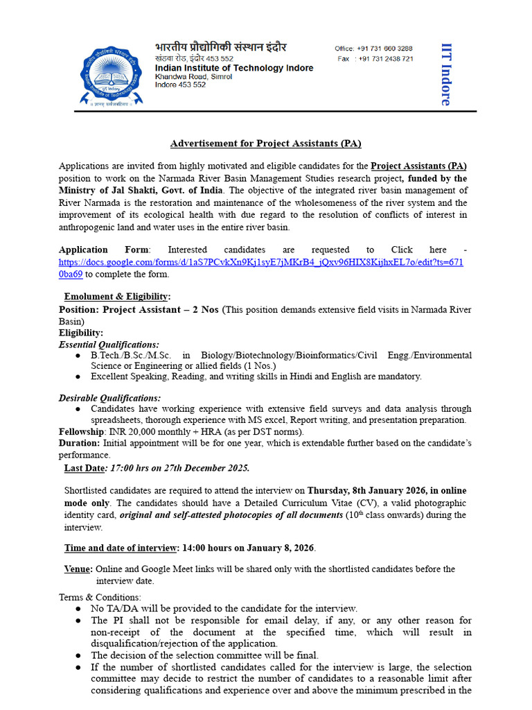 Project Assistants (PA) Post at IIT Indore | PDF