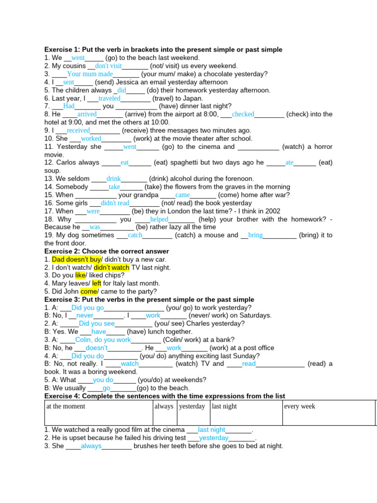 Present and Past Simple Verb Exercises | PDF