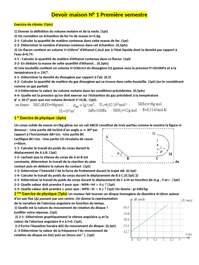 Devoir de chimie et physique S1 2023 | PDF | Gaz | Chimie