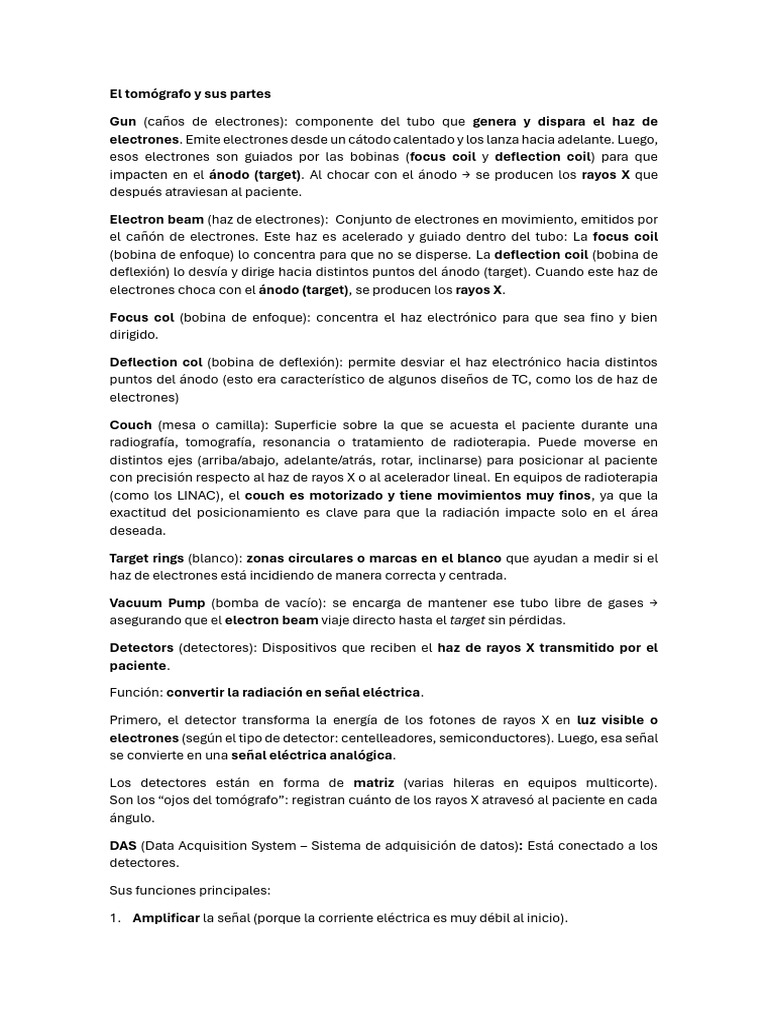 Partes y funcionamiento del tomógrafo | PDF | Rayo X | Electrón