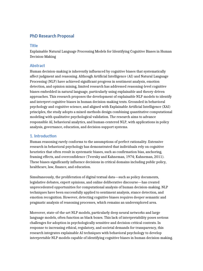 Complete 10 Page PhD Research Proposal Explainable NLP Cognitive Biases ...