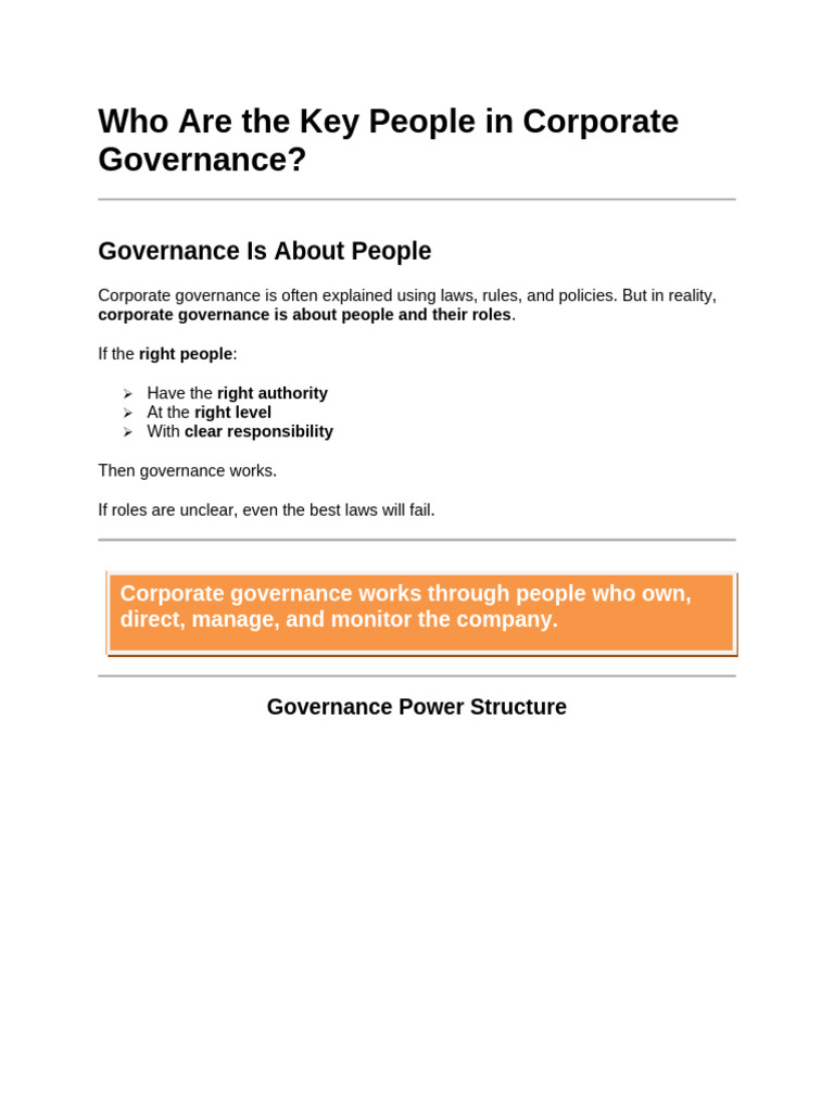 Key Roles in Corporate Governance | PDF | Governance | Corporate Governance