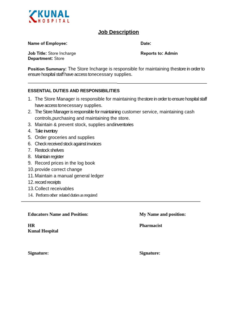 Store Incharge Job Description | PDF