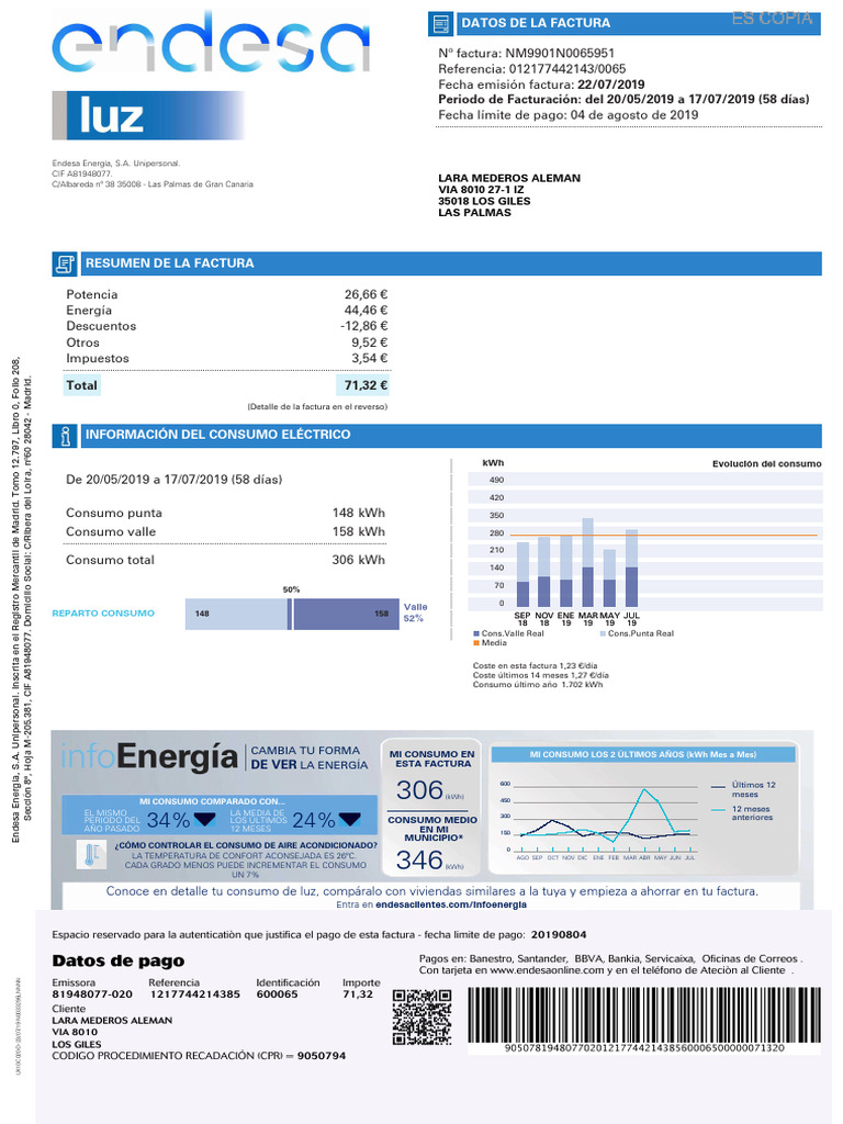 Factura de electricidad Endesa: Julio 2019 | PDF | Electricidad | Poder ...