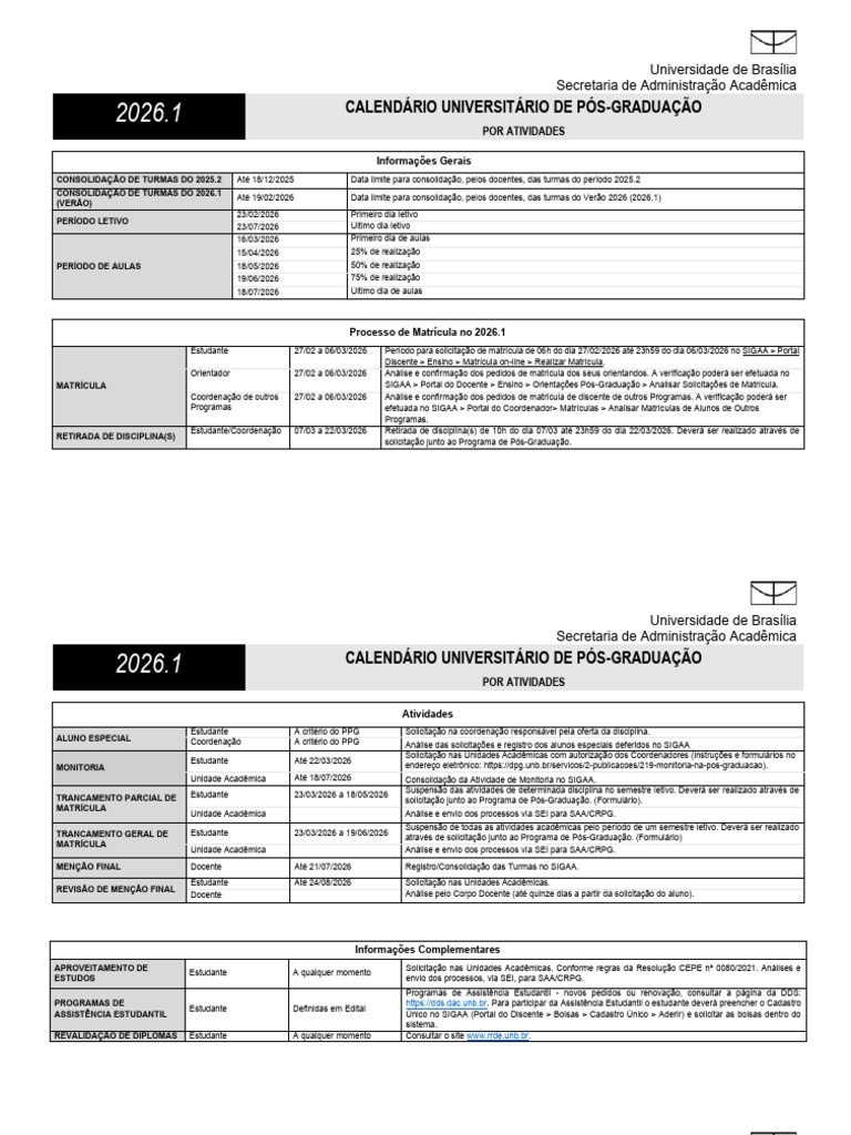 Calendário Pós-Graduação 2026.1 UnB | PDF | Pós-graduação