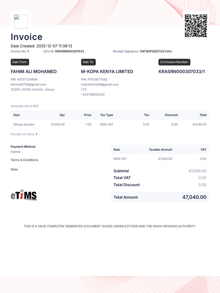 Invoice for M-KOPA Kenya Limited | PDF