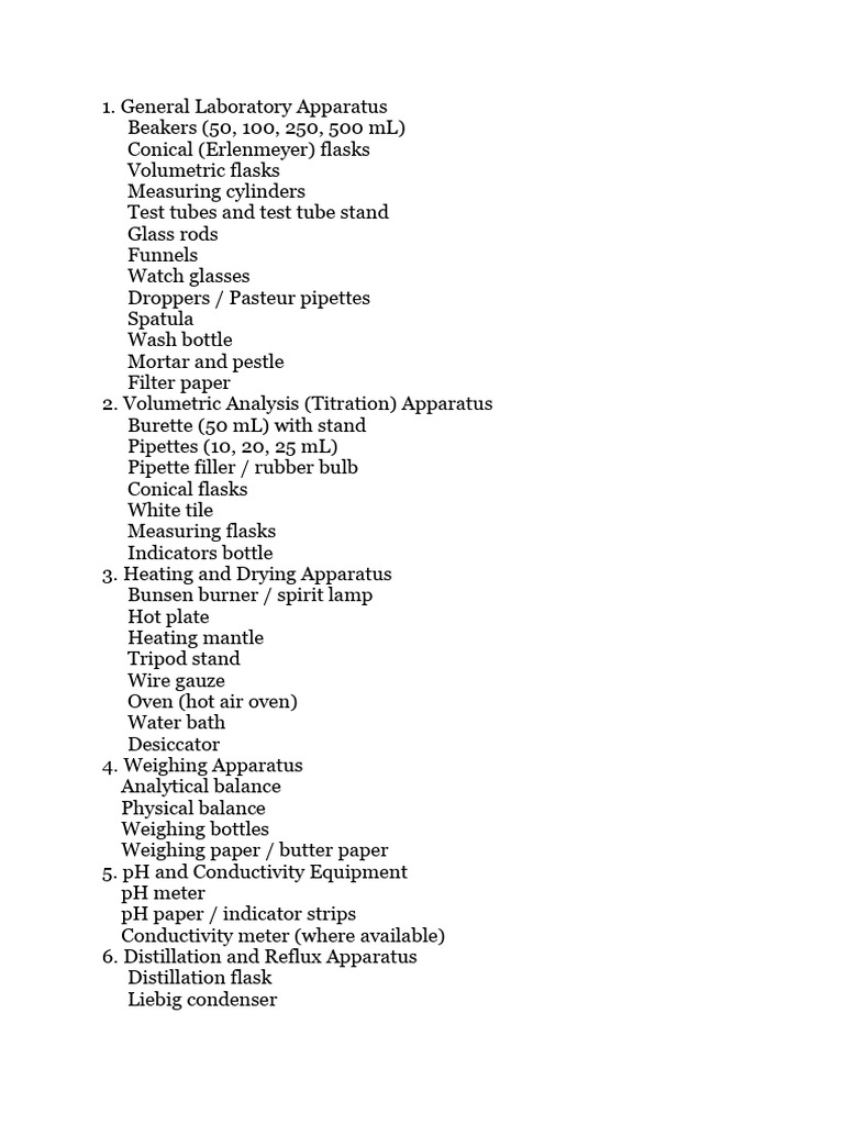 Essential Laboratory Apparatus List | PDF