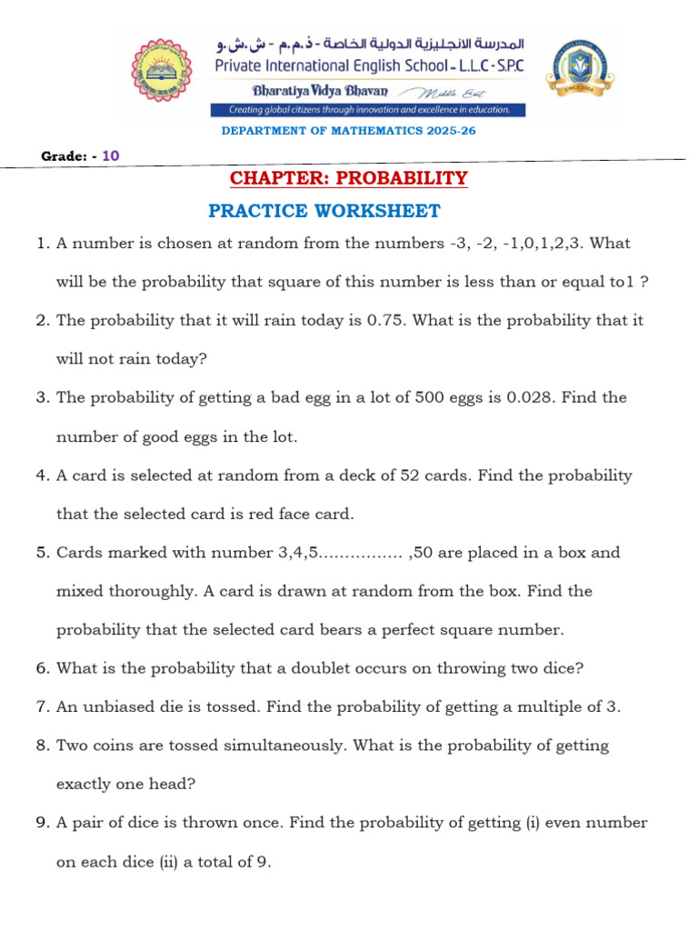 Grade 10 Probability Practice Worksheet | PDF