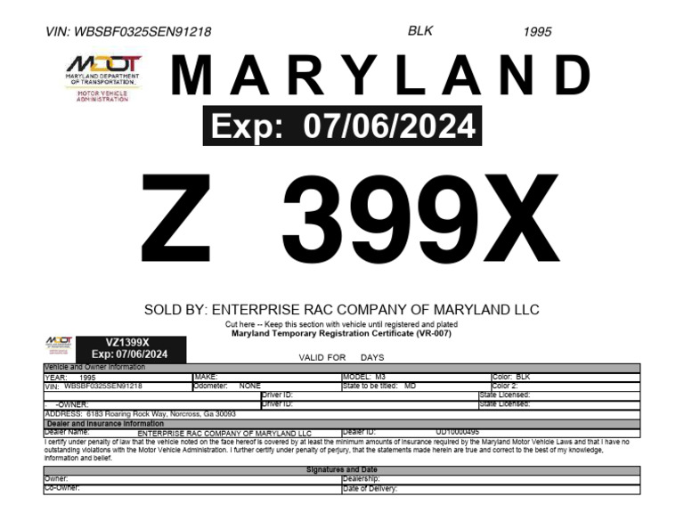 Maryland BMW M3 Temporary Registration | PDF
