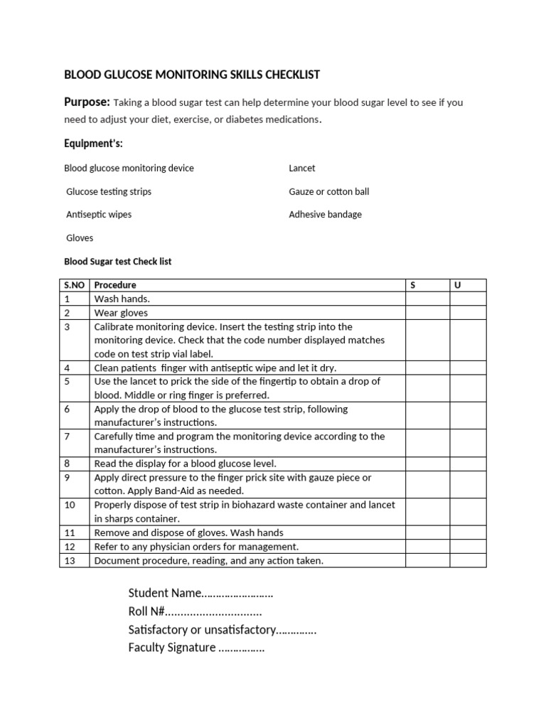 Blood Glucose Monitoring Checklist | PDF