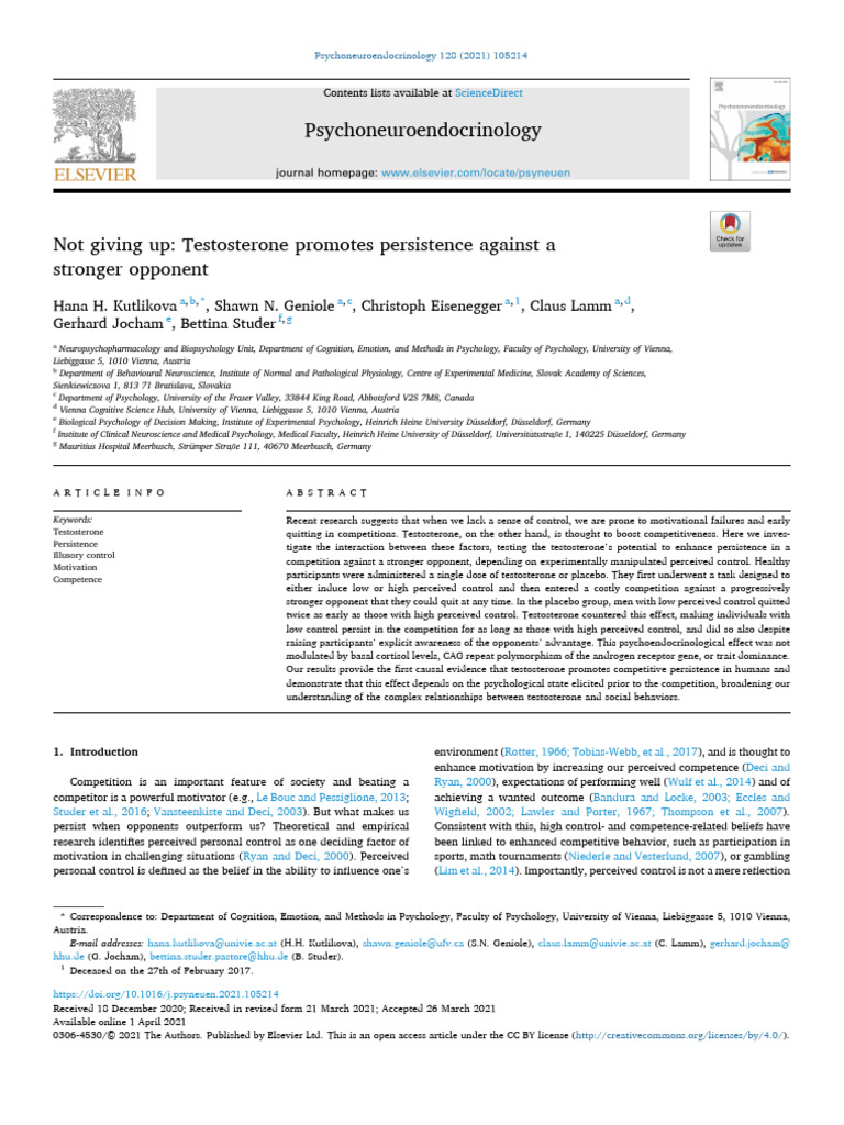 Not giving up - Testosterone promotes persistence against a stronger ...