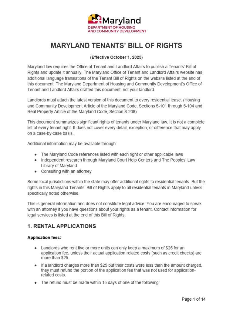 Maryland Tenants' Rights Overview 2025 | PDF | Lease | Landlord