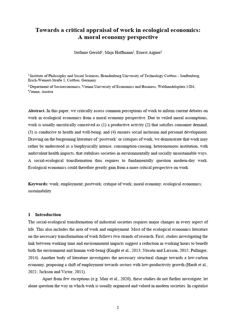 Critical Perspectives on Work in Ecological Economics | PDF | Economics ...
