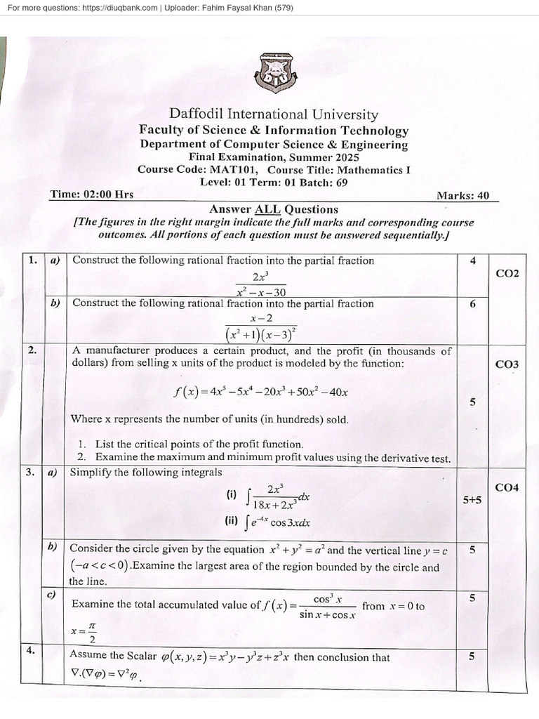 Mathematics I (CSE), Summer 25, Final Watermarked | PDF