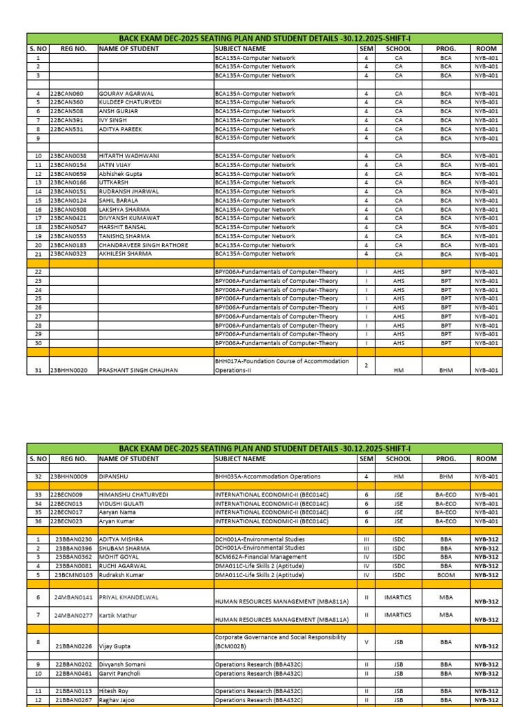 Back Exam Seating Plan December 2025 | PDF