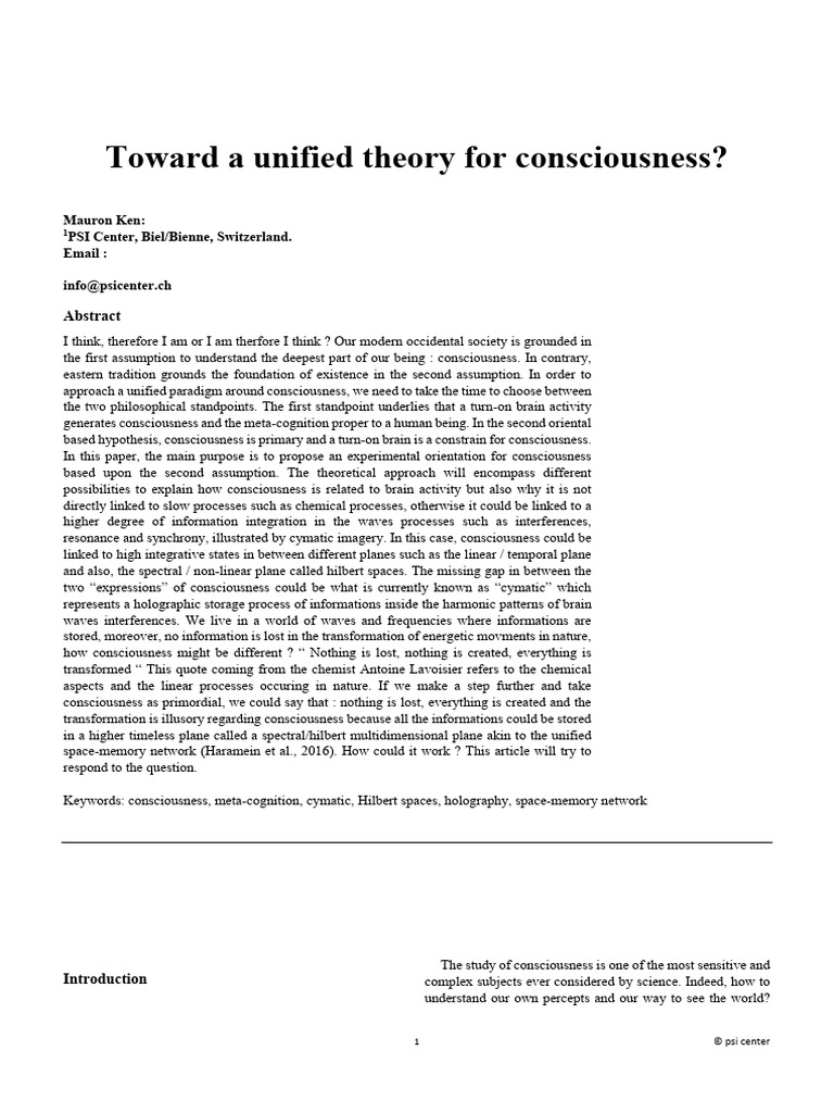 Unified Theory of Consciousness Exploration | PDF | Consciousness | Time