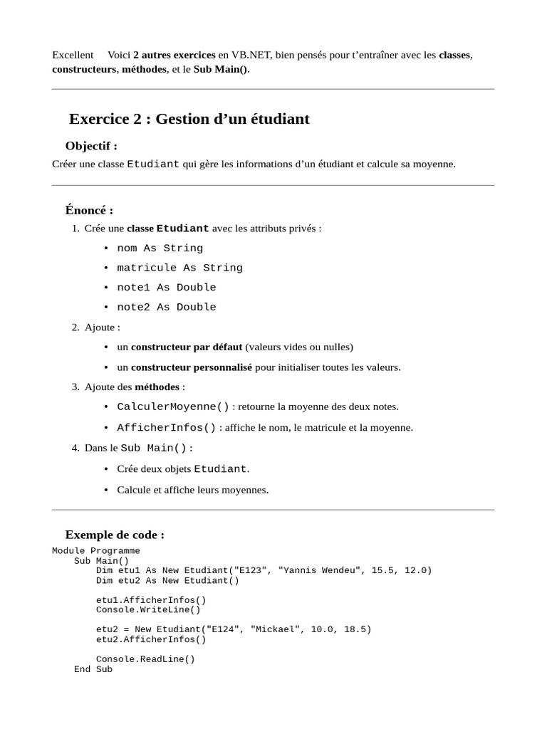 Exercices VB.NET : Classes Étudiant et Voiture | PDF | Véhicule motorisé