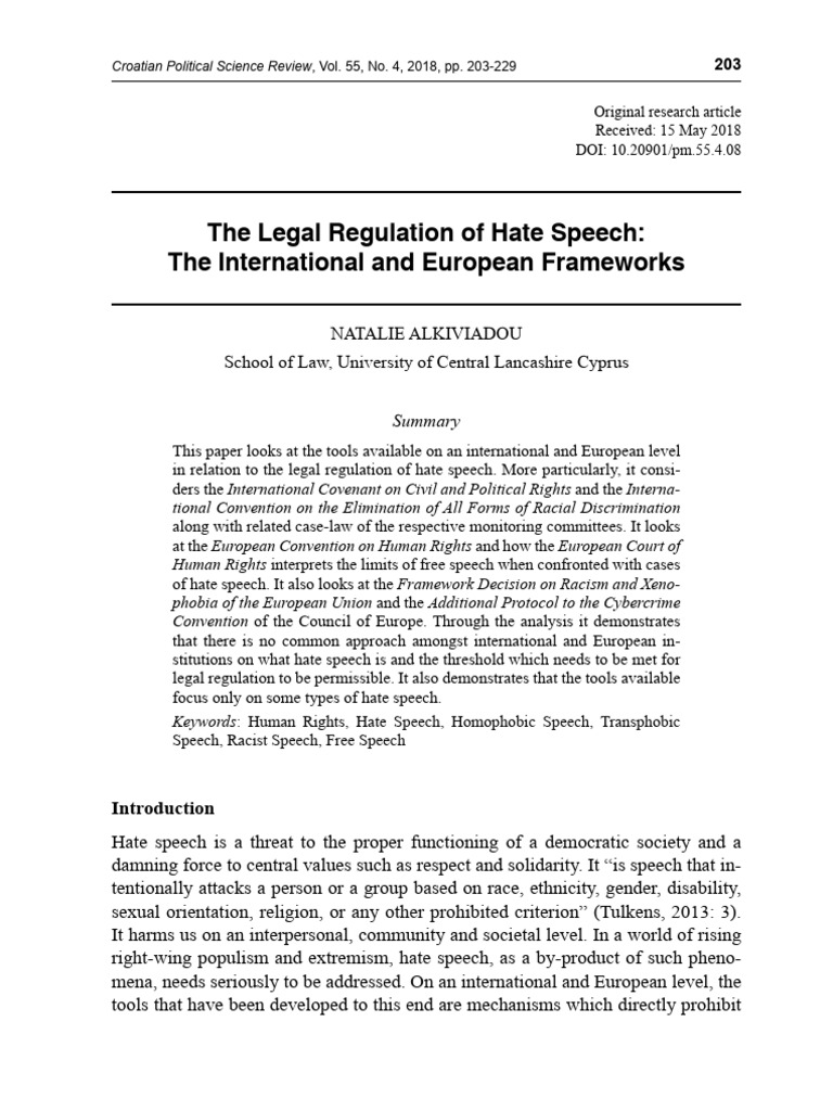 2018the Legal Regulation of Hate Speech the International and ...