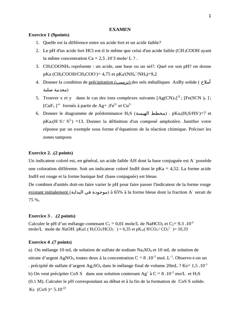 Examen de chimie des solutions : Acides, pH et Précipitations | PDF ...