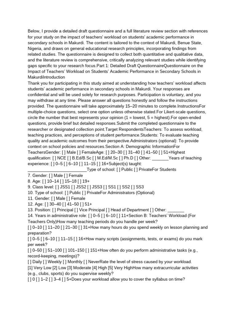 Teachers' Workload Impact Questionnaire | PDF | Teachers | Workload