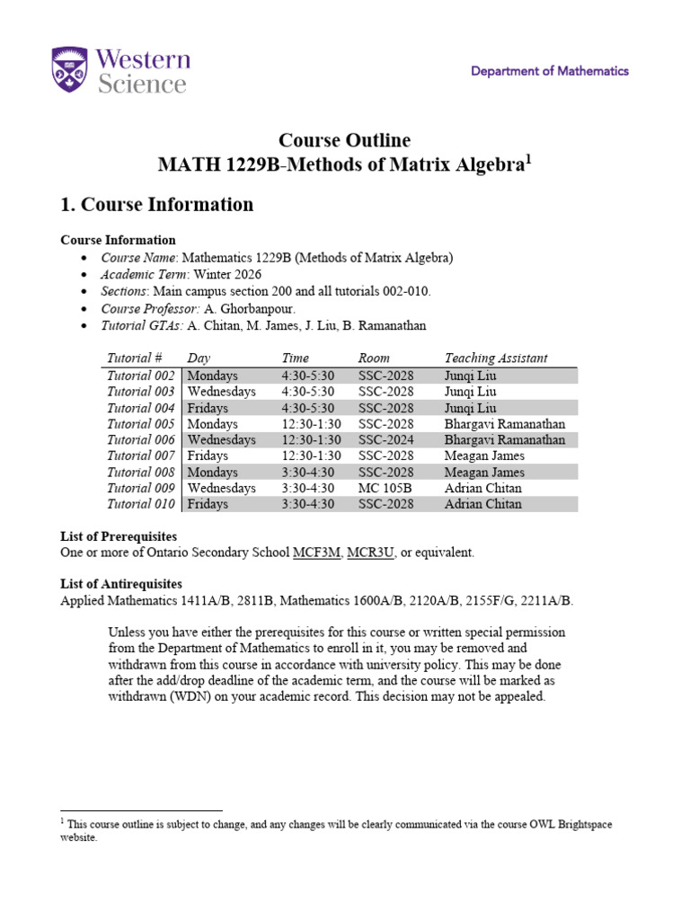 MATH 1229B Matrix Algebra Course Outline | PDF | Matrix (Mathematics ...