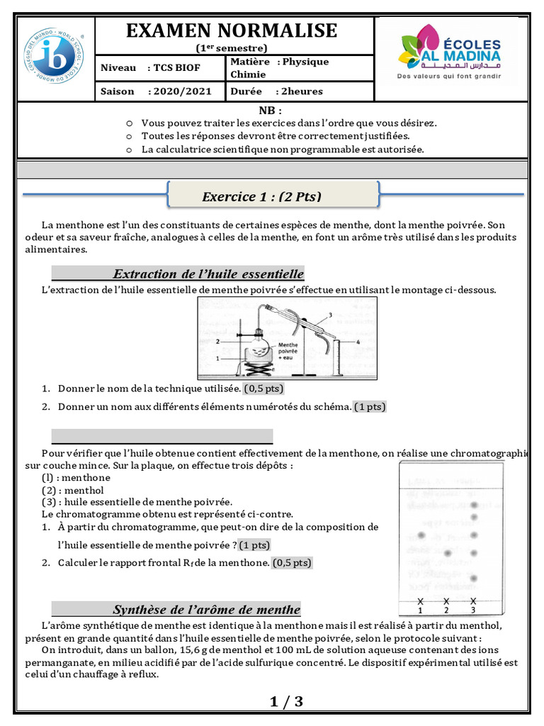 Examen Normalisé - s1 TC - Biof - Madina 2020-2021 | PDF | Menthe | Poids