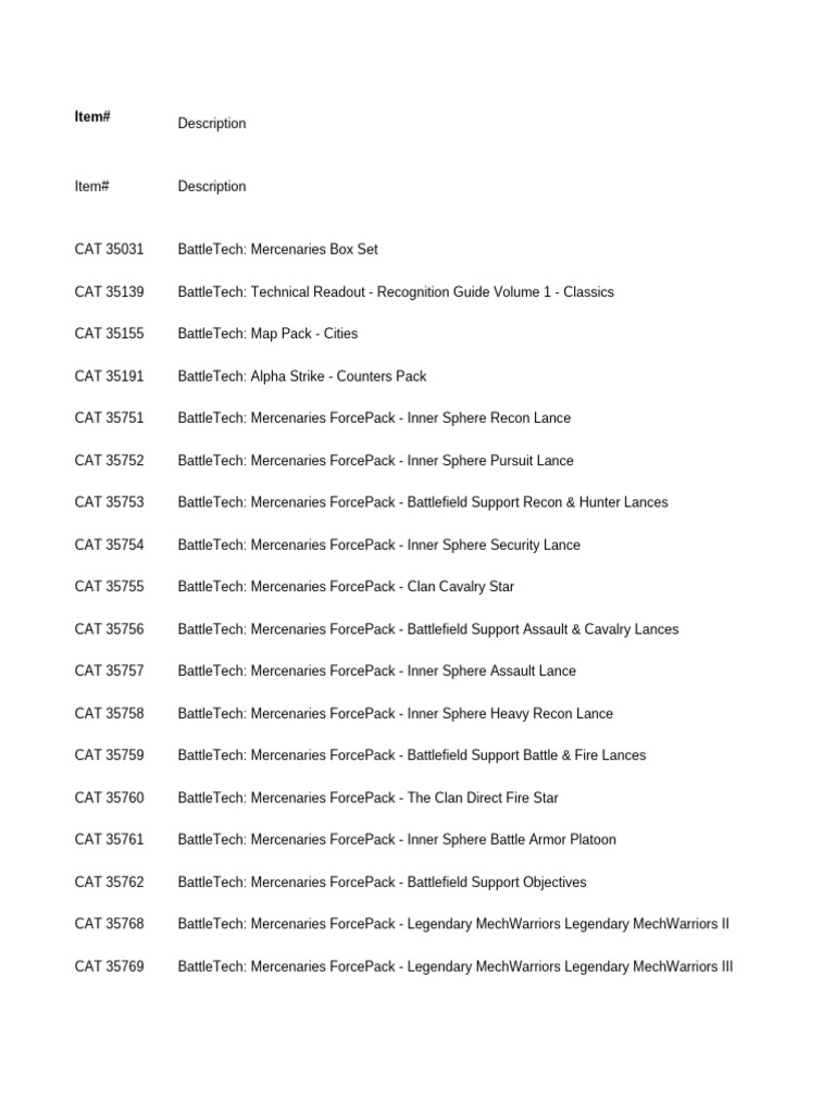 BattleTech Mercenaries Product List | PDF | Battle Tech | Cavalry