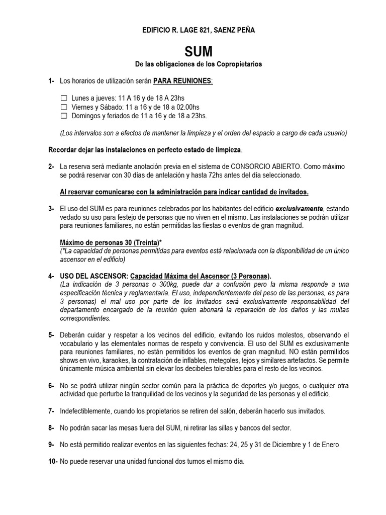Reglas de Uso del SUM en Edificio R. Lage | PDF