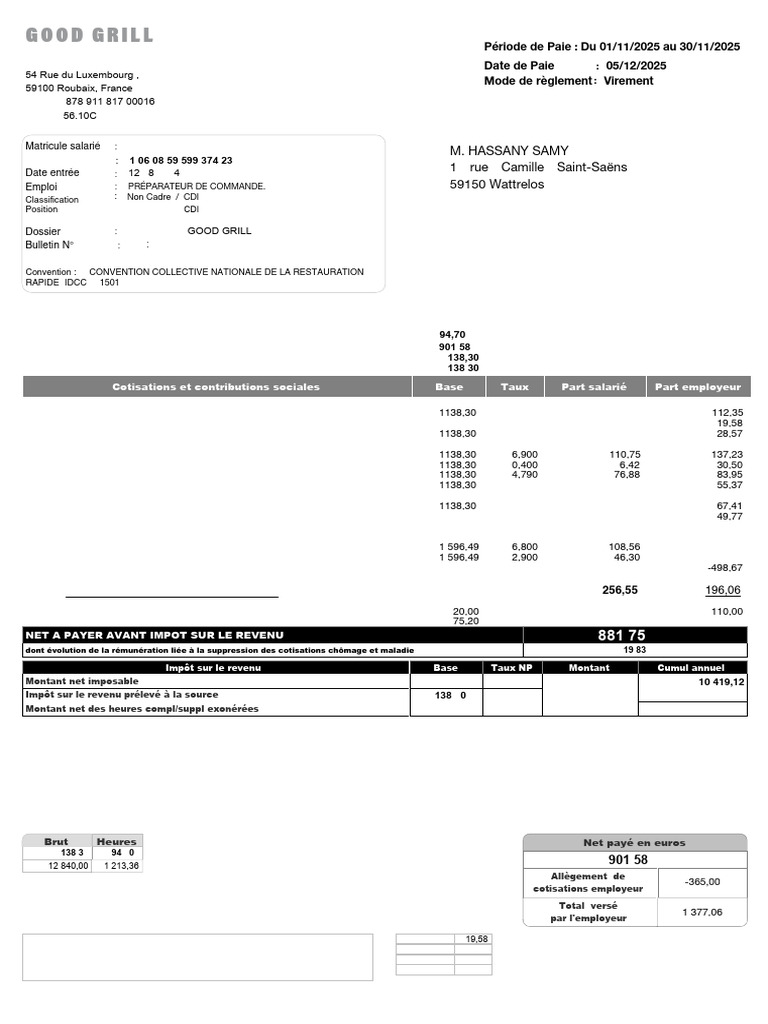 Bulletin de Paie Novembre 2025 Good Grill | PDF | Impôt sur le revenu ...