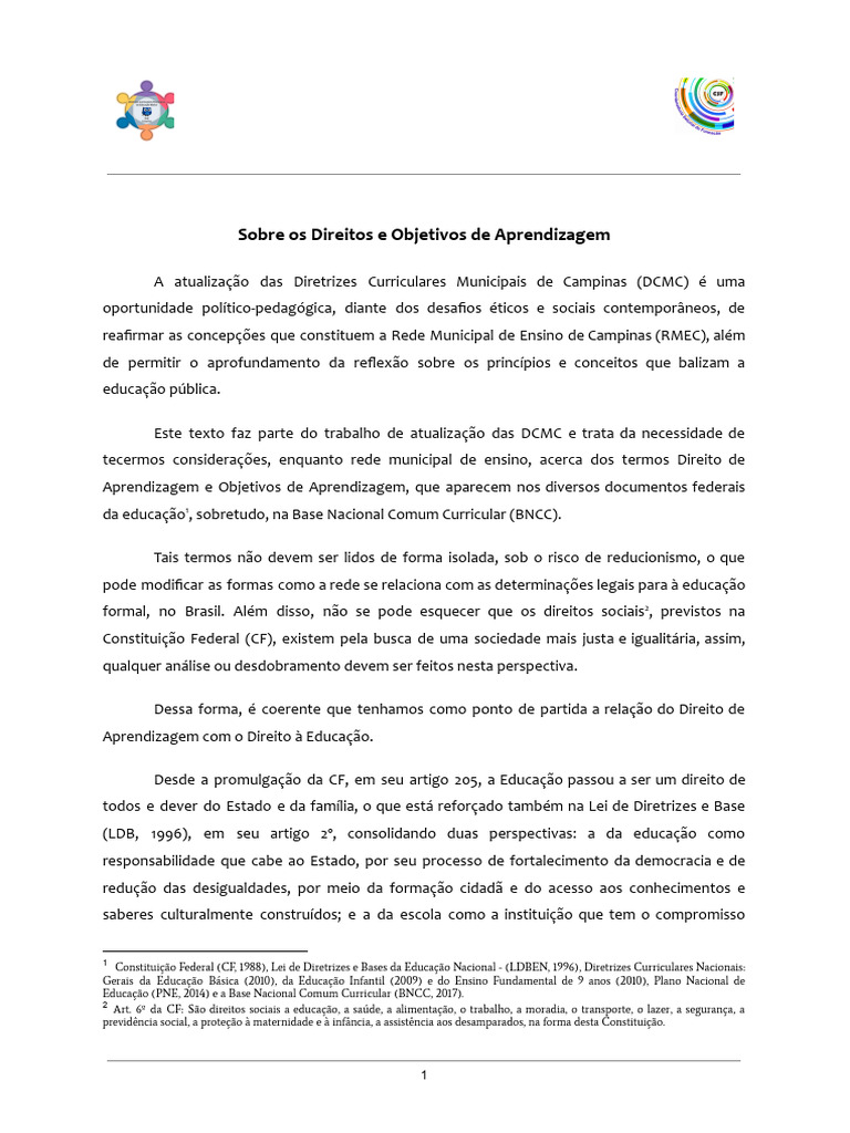 Direitos e Objetivos de Aprendizagem na Educação | PDF | Aprendizado ...