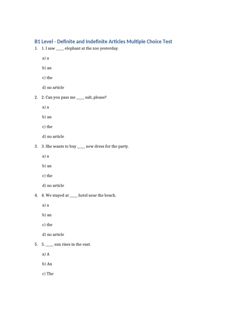 B1 Articles Multiple Choice Test | PDF